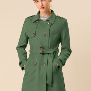 Notched Lapel Double Breasted Faux Suede Trench Coat Jacket with Belt Green/L - Allegra K catalog