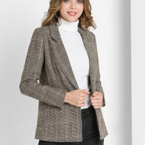 Plaid Notched Lapel One Button Houndstooth Blazer Jacket Brown/S - Allegra K catalog