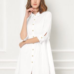 Ruched 3/4 Sleeve Button Up Casual Mini Shirt Dress White/L - Allegra K catalog