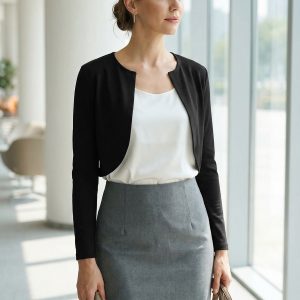 Curved Hem Long Sleeves Open Front Cropped Jacket Bolero Shrug Black/XL - Allegra K catalog