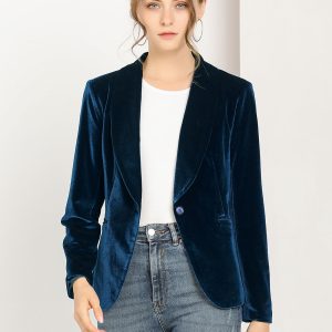 Shawl Collar Single Button Velvet Solid Office Work Jacket Blazer Deep Blue/XL - Allegra K catalog
