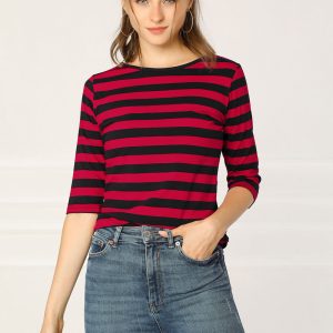 Striped 3/4 Sleeve Round Neck Casual T-Shirt Red Black/S - Allegra K catalog