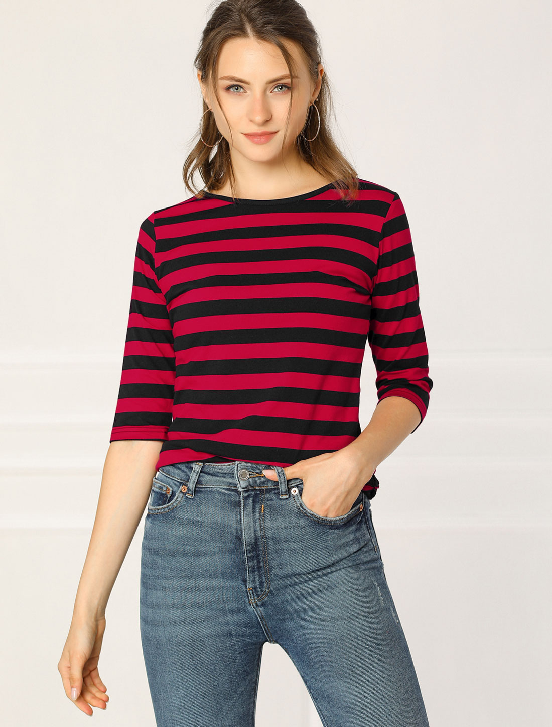 Striped 3/4 Sleeve Round Neck Casual T-Shirt Red Black/S - Allegra K catalog