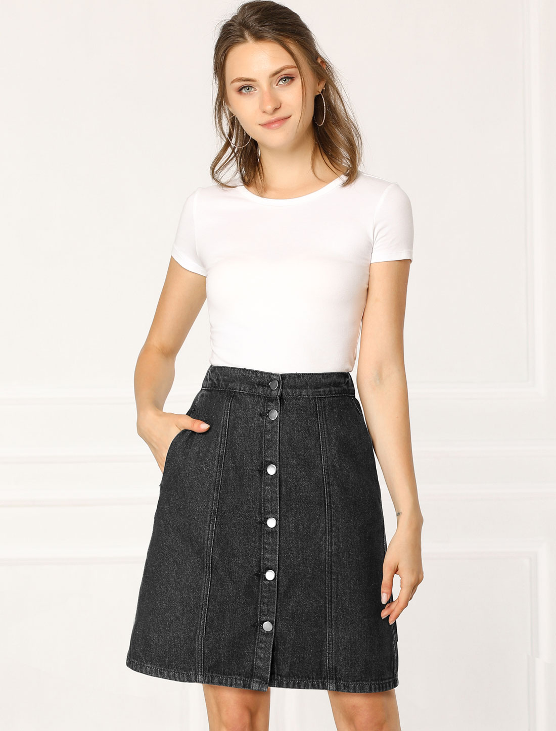 Casual Short Button Down Jeans Skirt Black/XS - Allegra K catalog