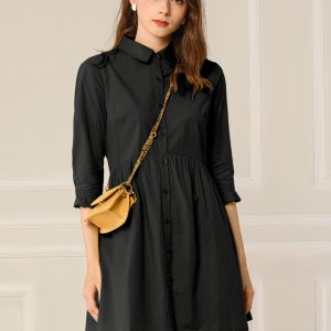 Ruched 3/4 Sleeve Button Up Casual Mini Shirt Dress Black/XS - Allegra K catalog