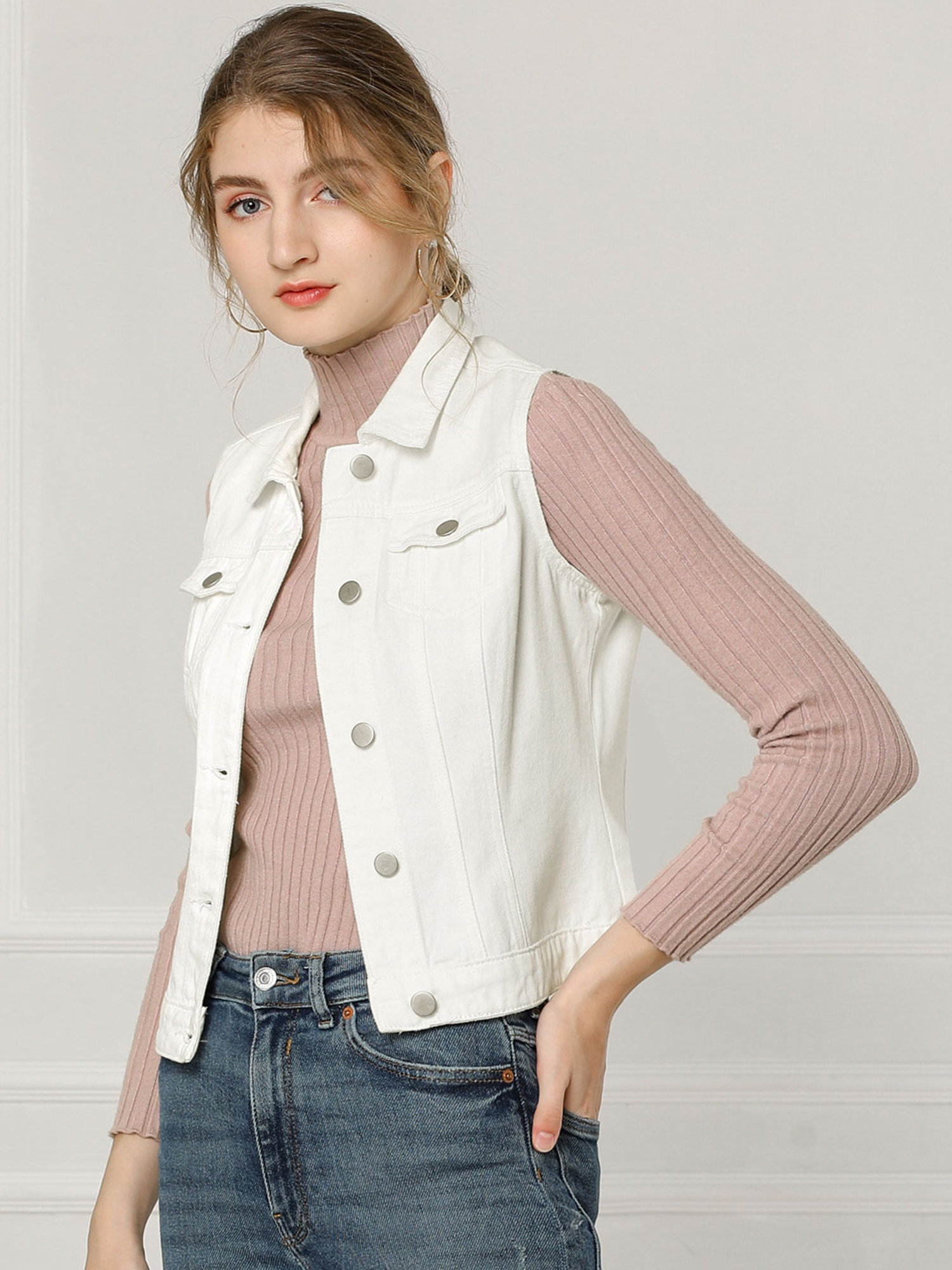 Buttoned Chest Flap Pocket Washed Denim Jacket Vest White/XS - Allegra K catalog