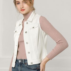 Buttoned Chest Flap Pocket Washed Denim Jacket Vest White/L - Allegra K catalog