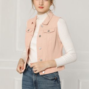 Buttoned Chest Flap Pocket Washed Denim Jacket Vest Pink/XL - Allegra K catalog