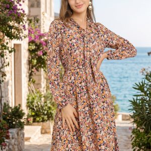 Tie Neck Chiffon Long Sleeve Belted Vintage Floral Dress Yellow/XL - Allegra K catalog
