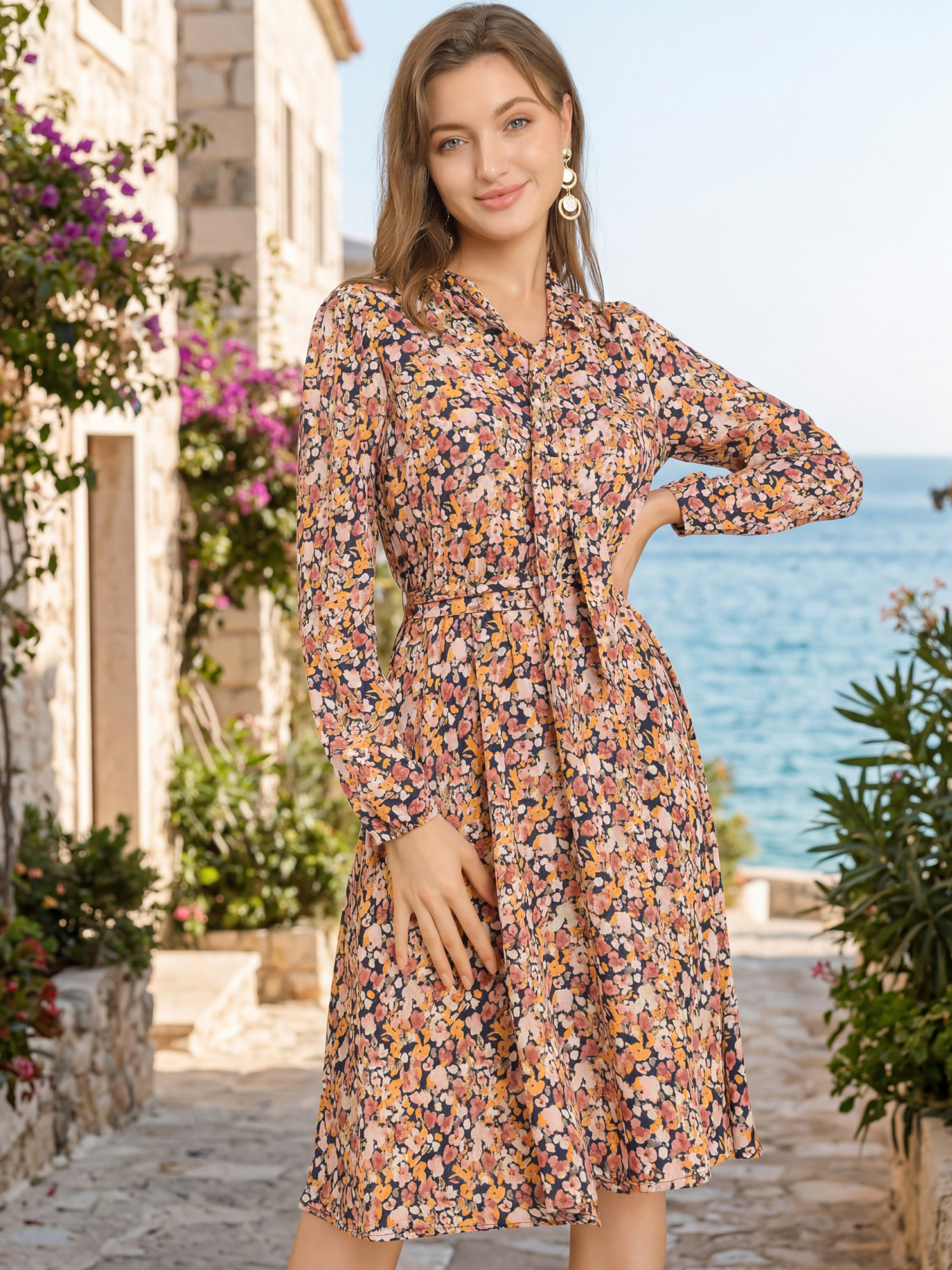 Tie Neck Chiffon Long Sleeve Belted Vintage Floral Dress Yellow/XL - Allegra K catalog