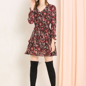 Long Sleeve V Neck Elastic Waist Ruffle Hem Chiffon Floral Dress Black-Red/S - Allegra K catalog