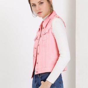 Lapel Button Closure Sleeveless Washed Distressed Denim Vest Pink/S - Allegra K catalog