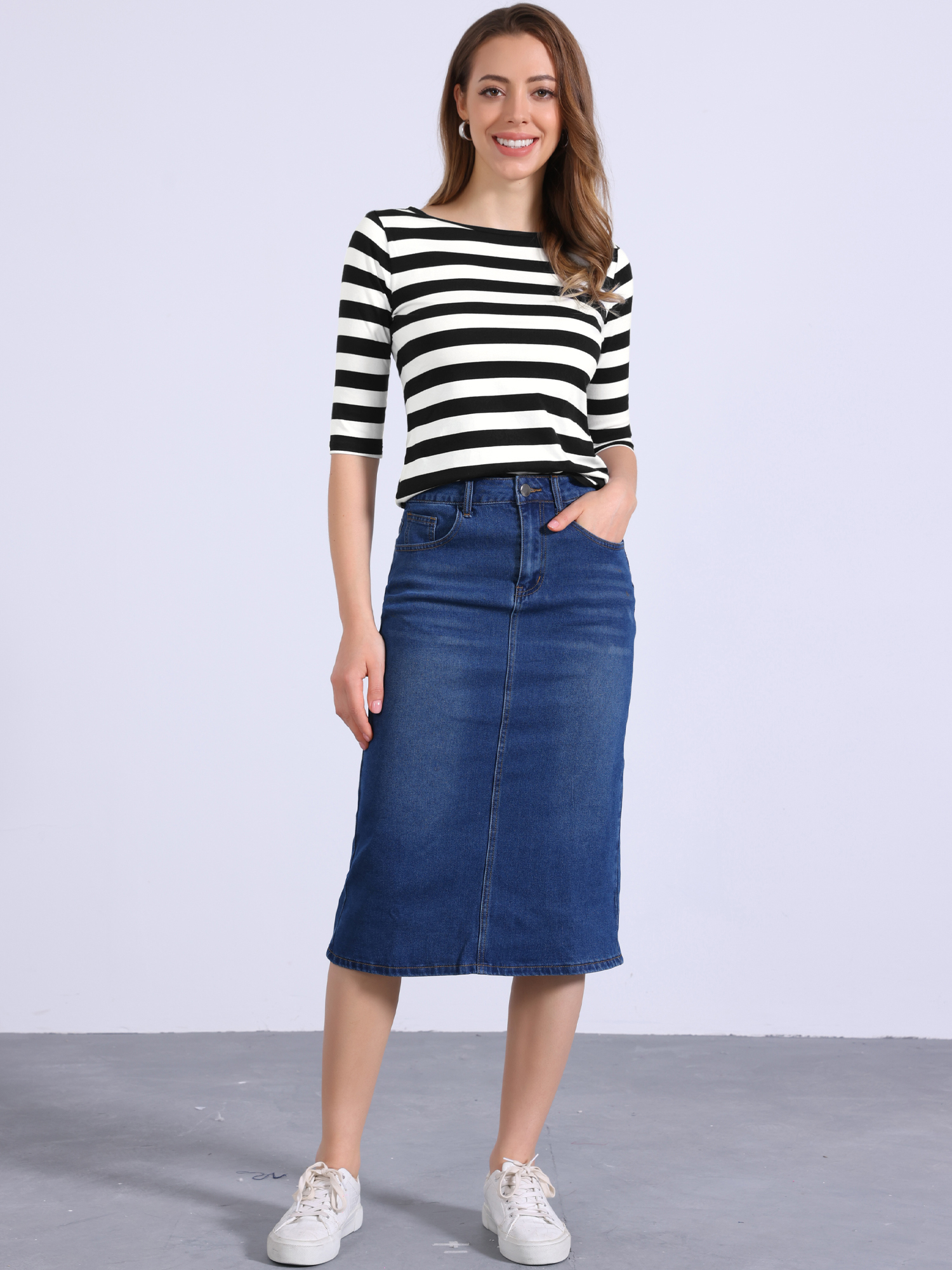 Striped 3/4 Sleeve Round Neck Casual T-Shirt Black White/L - Allegra K catalog
