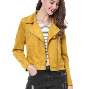 Casual Short Soft Zip Up Faux Suede Biker Moto Jacket Mustard/XS - Allegra K catalog