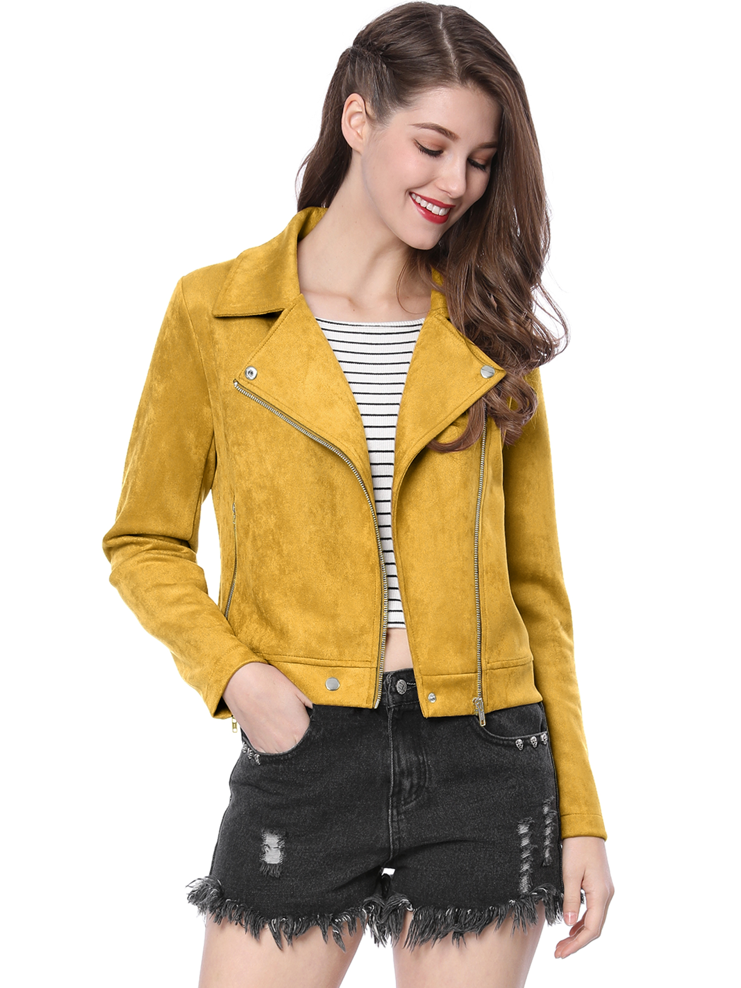 Casual Short Soft Zip Up Faux Suede Biker Moto Jacket Mustard/XS - Allegra K catalog