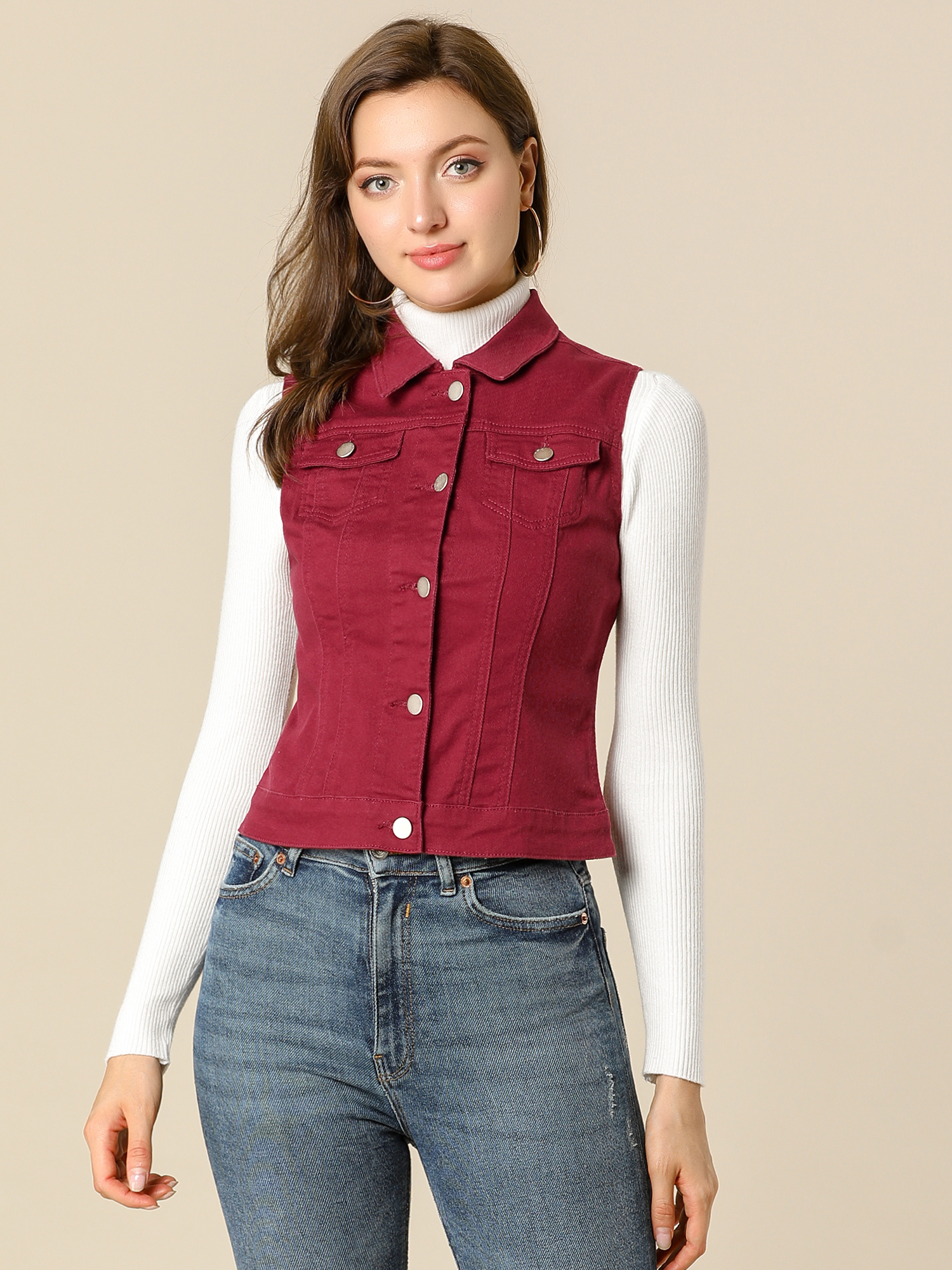 Buttoned Chest Flap Pocket Washed Denim Jacket Vest Burgundy/S - Allegra K catalog