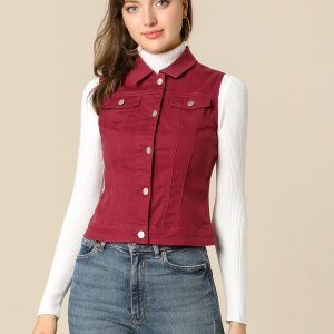 Buttoned Chest Flap Pocket Washed Denim Jacket Vest Burgundy/XL - Allegra K catalog