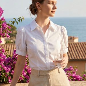 Puff Sleeve Collared Cotton Work Office Button Down Shirt White/XL - Allegra K catalog