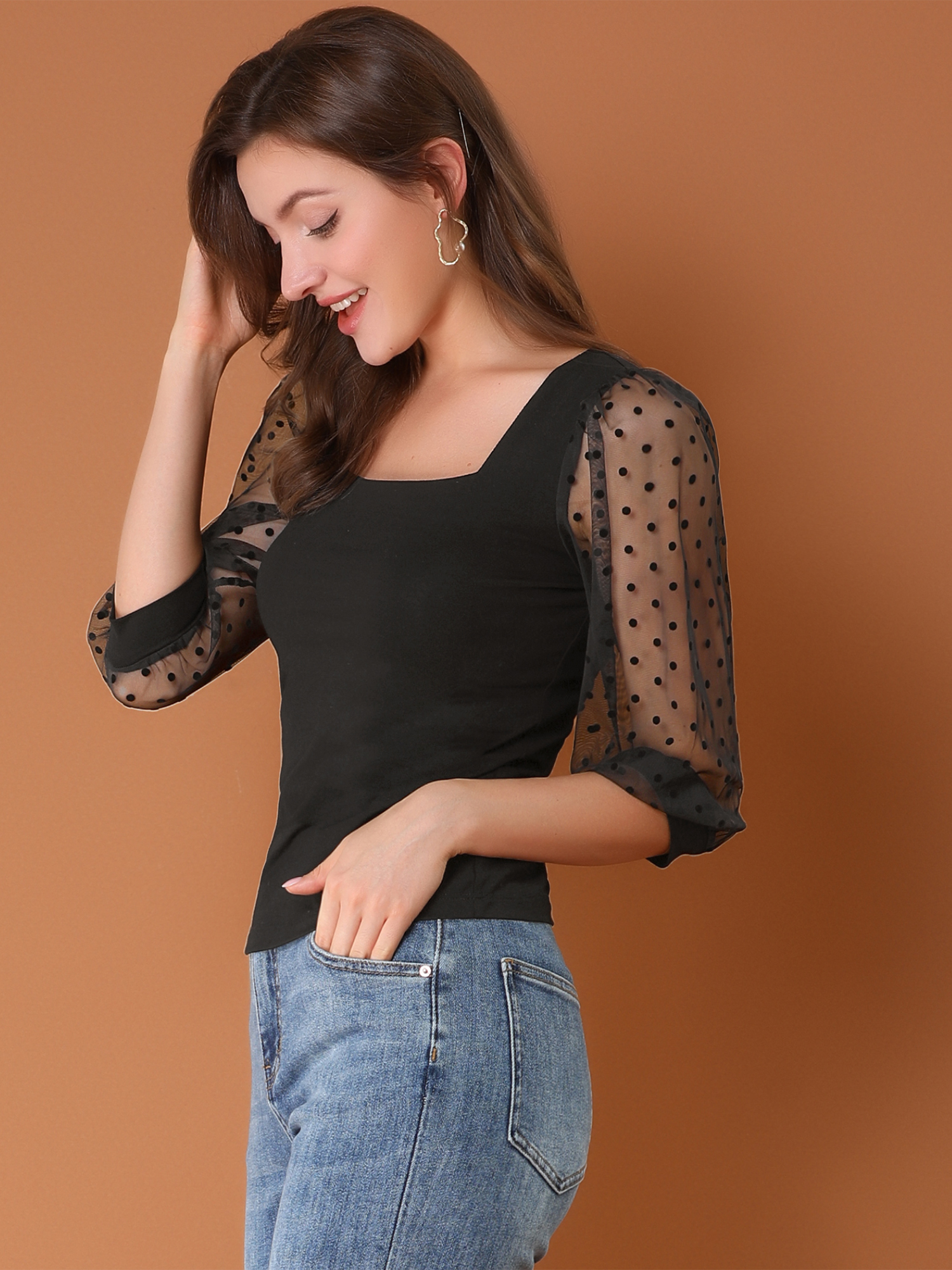 Retro Square Neck Tops Slim Fit Semi Sheer 3/4 Mesh Sleeve Top Black/S - Allegra K catalog