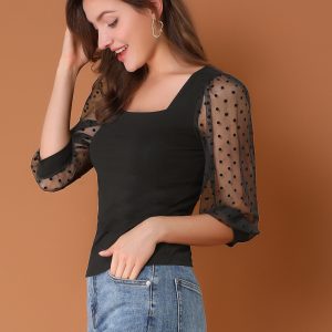 Retro Square Neck Tops Slim Fit Semi Sheer 3/4 Mesh Sleeve Top Black/XL - Allegra K catalog