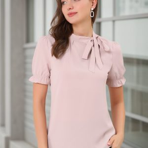 Bow Tie Neck Elegant Office Short Sleeve Blouse Pink/XS - Allegra K catalog