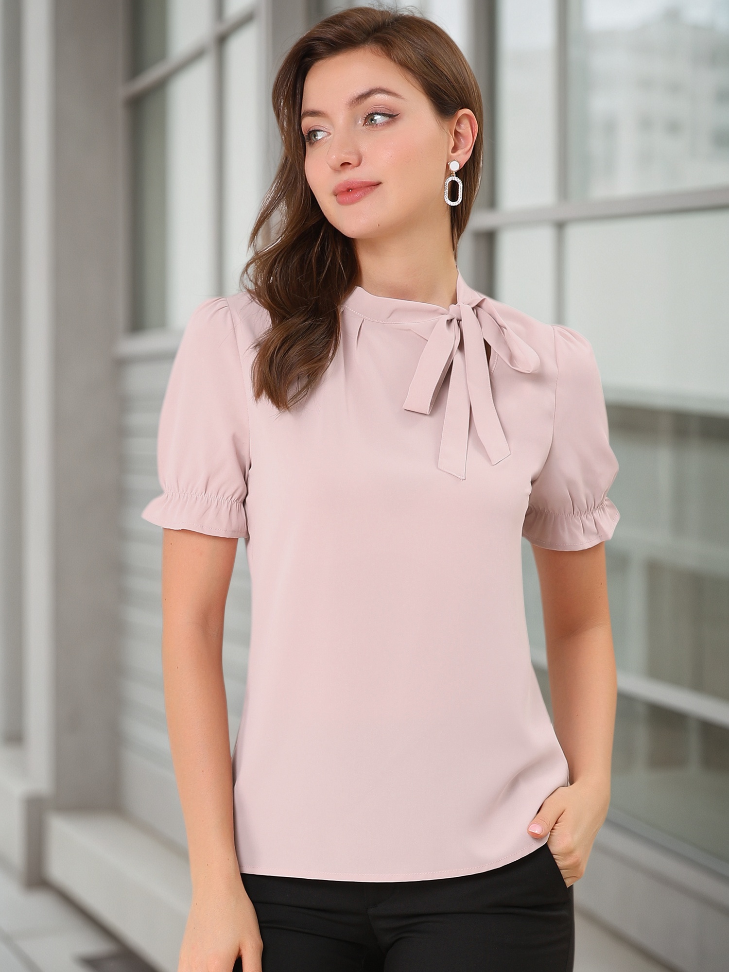 Bow Tie Neck Elegant Office Short Sleeve Blouse Pink/M - Allegra K catalog