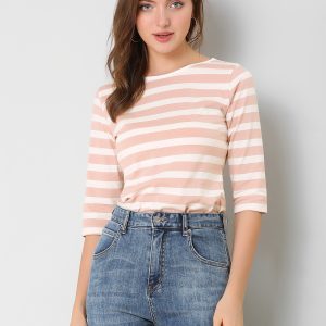 Striped 3/4 Sleeve Round Neck Casual T-Shirt Pink White/M - Allegra K catalog
