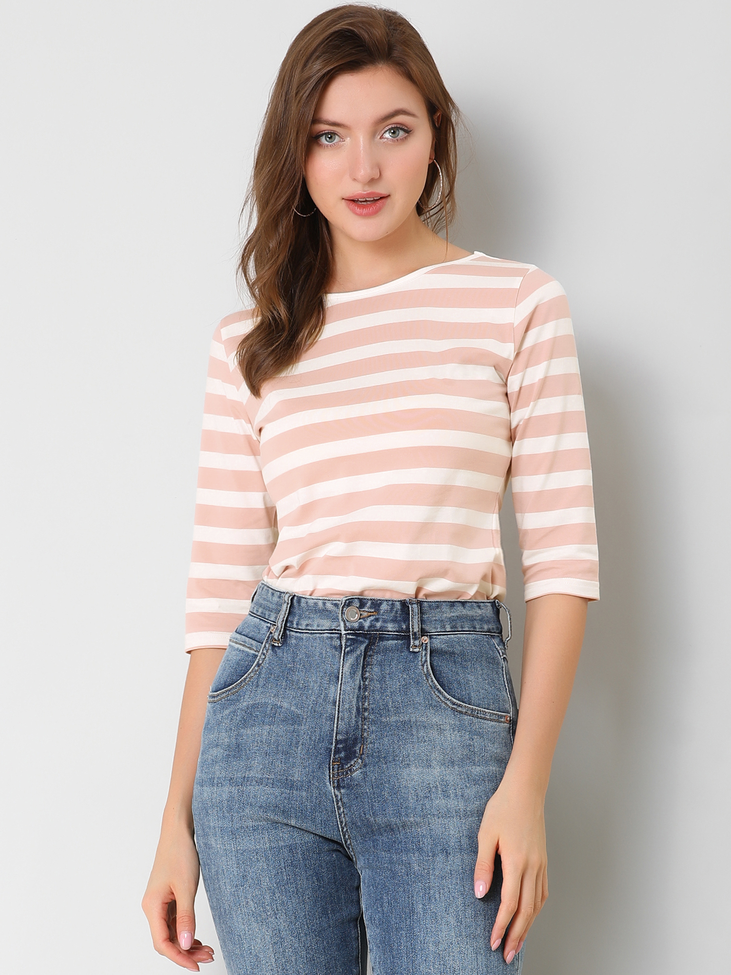 Striped 3/4 Sleeve Round Neck Casual T-Shirt Pink White/L - Allegra K catalog