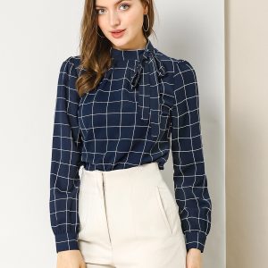 Bow Tie Neck Grid Checks Shirt Office Work Tops Blouse Navy Blue/L - Allegra K catalog