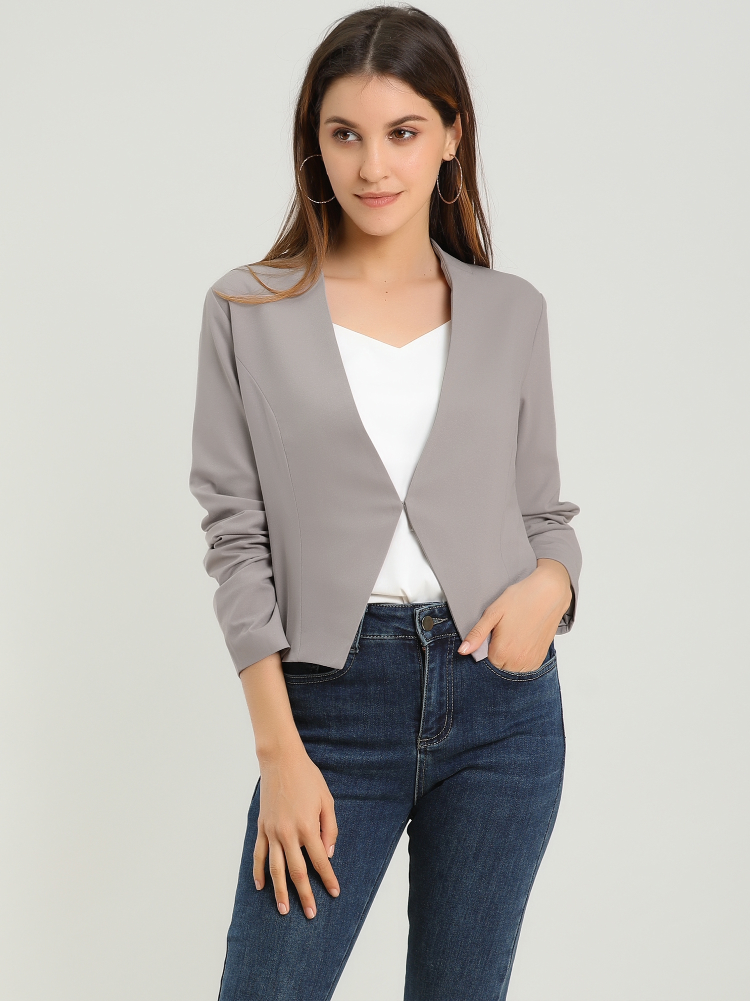 Solid Color Collarless Cropped Office Blazer Jacket Gray/S - Allegra K catalog