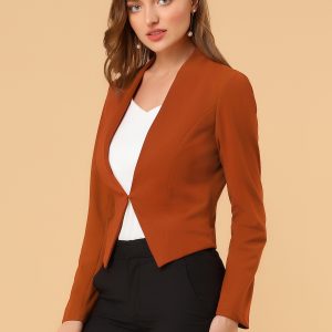 Solid Color Collarless Cropped Office Blazer Jacket Brown/S - Allegra K catalog