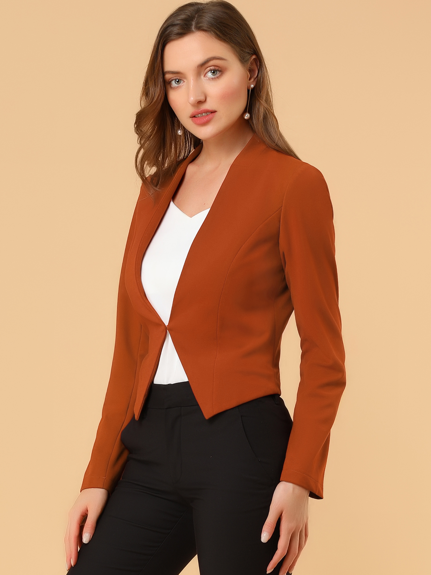 Solid Color Collarless Cropped Office Blazer Jacket Brown/M - Allegra K catalog