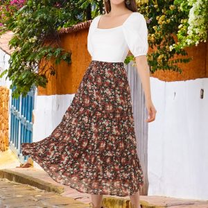 Ruffle Boho Chiffon Floral Printed Long Tiered Midi Skirt Black Red/XL - Allegra K catalog