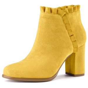 Pointed Toe Ruffle Block Heel Side Zipper Ankle Boots Yellow/9 - Allegra K catalog