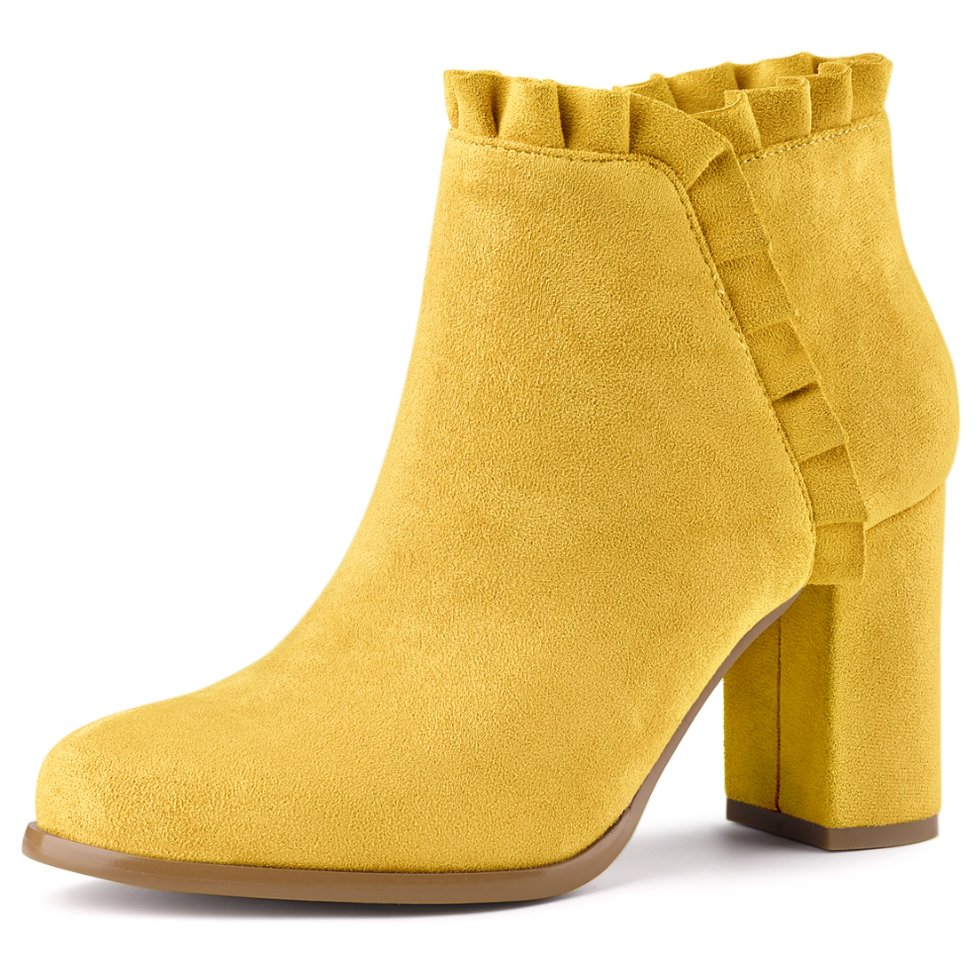 Pointed Toe Ruffle Block Heel Side Zipper Ankle Boots Yellow/9 - Allegra K catalog