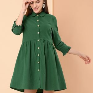 Ruched 3/4 Sleeve Button Up Casual Mini Shirt Dress Dark Green/S - Allegra K catalog