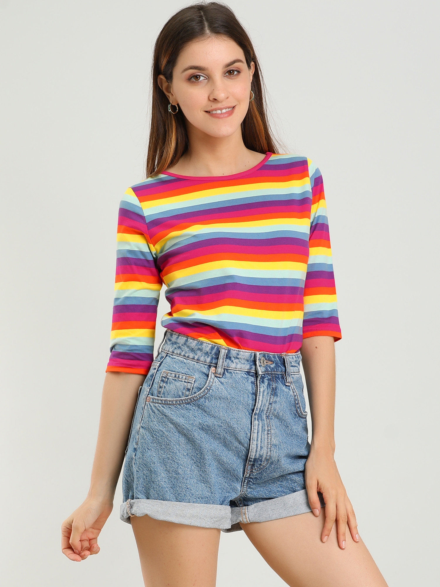 3/4 Sleeve Round Neck Casual Striped T-Shirt Multicolor/XS - Allegra K catalog