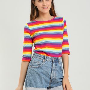 3/4 Sleeve Round Neck Casual Striped T-Shirt Multicolor/XL - Allegra K catalog