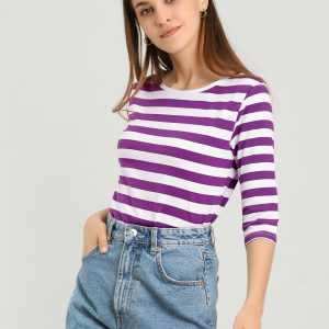 3/4 Sleeve Round Neck Casual Striped T-Shirt Purple/S - Allegra K catalog