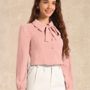 Peter Pan Collar Chiffon Bow Tie Neck Puff Sleeve Button Blouse Coral Pink/M - Allegra K catalog