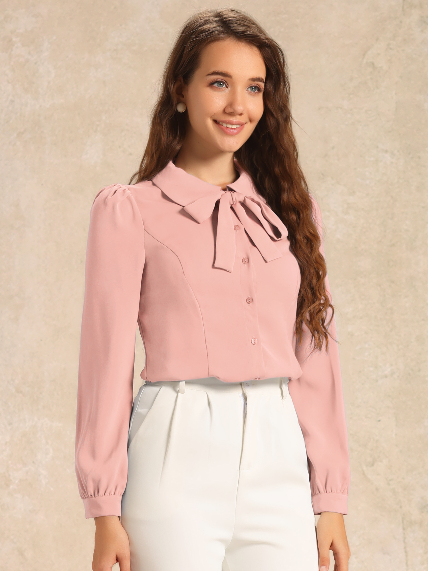 Peter Pan Collar Chiffon Bow Tie Neck Puff Sleeve Button Blouse Coral Pink/XL - Allegra K catalog