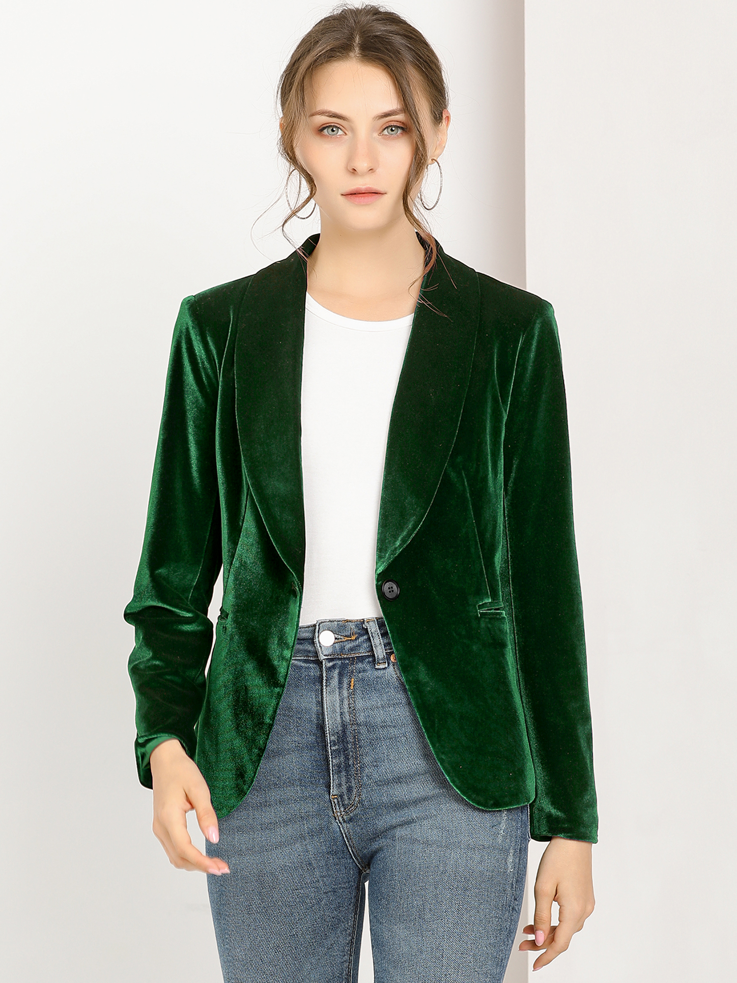 Shawl Collar Single Button Velvet Solid Office Work Jacket Blazer Green/XL - Allegra K catalog