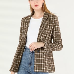 Plaid Notched Lapel One Button Houndstooth Blazer Jacket Coffee/S - Allegra K catalog