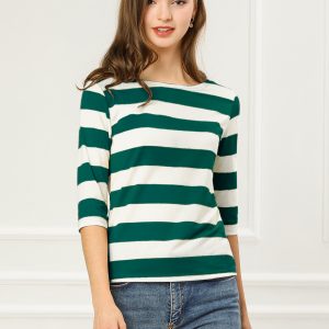 Striped 3/4 Sleeve Casual Basic Boat Neck T-shirt Green White/XL - Allegra K catalog