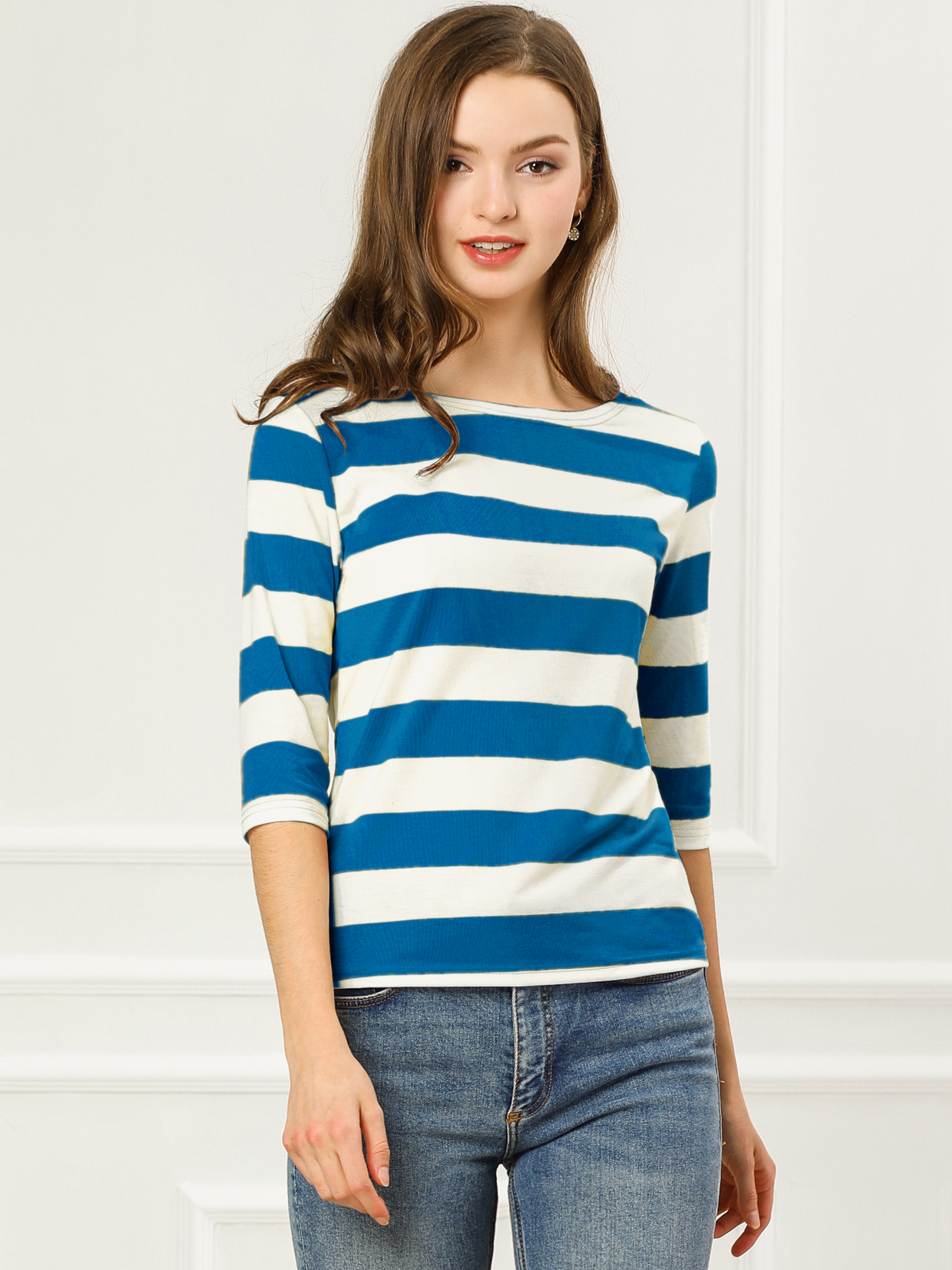 Halloween 3/4 Sleeve T-shirt Casual Boat Neck Slim Fit Tee Blue White/XS - Allegra K catalog