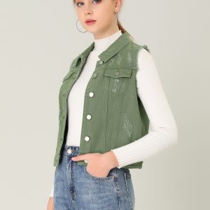 Lapel Button Closure Sleeveless Washed Distressed Denim Vest Green/XS - Allegra K catalog