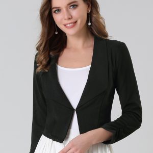 Notched Lapel Ruched Sleeve Business Cropped Jacket Blazer Black/L - Allegra K catalog