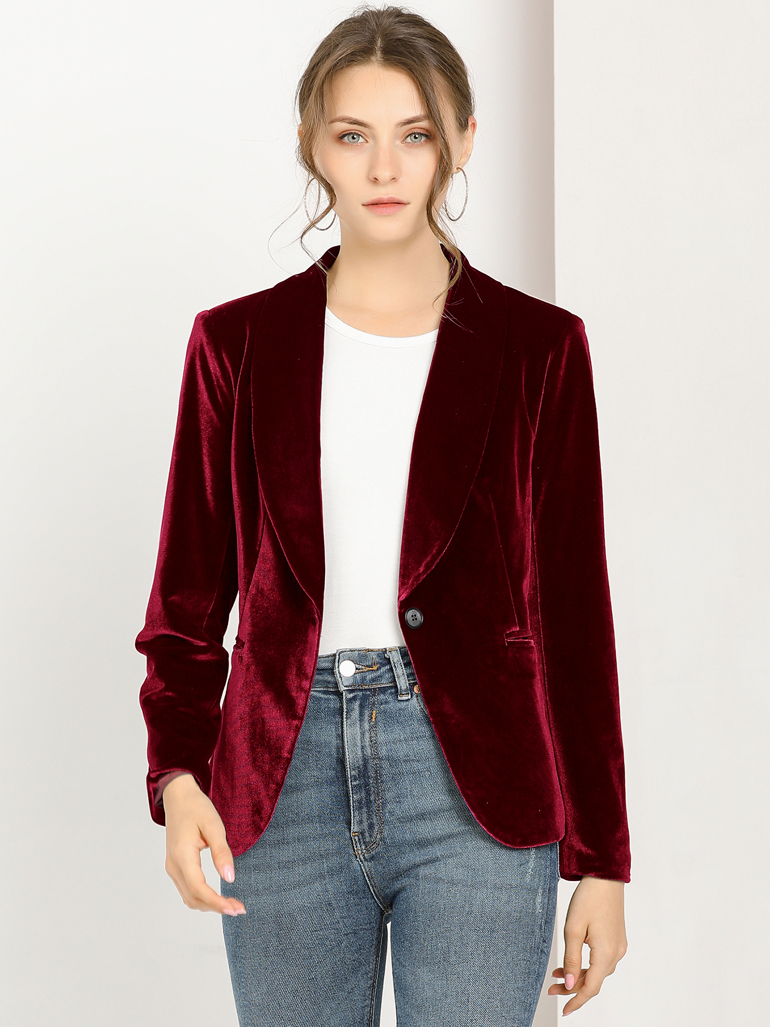 Shawl Collar Single Button Velvet Solid Office Work Jacket Blazer Wine Red/XS - Allegra K catalog