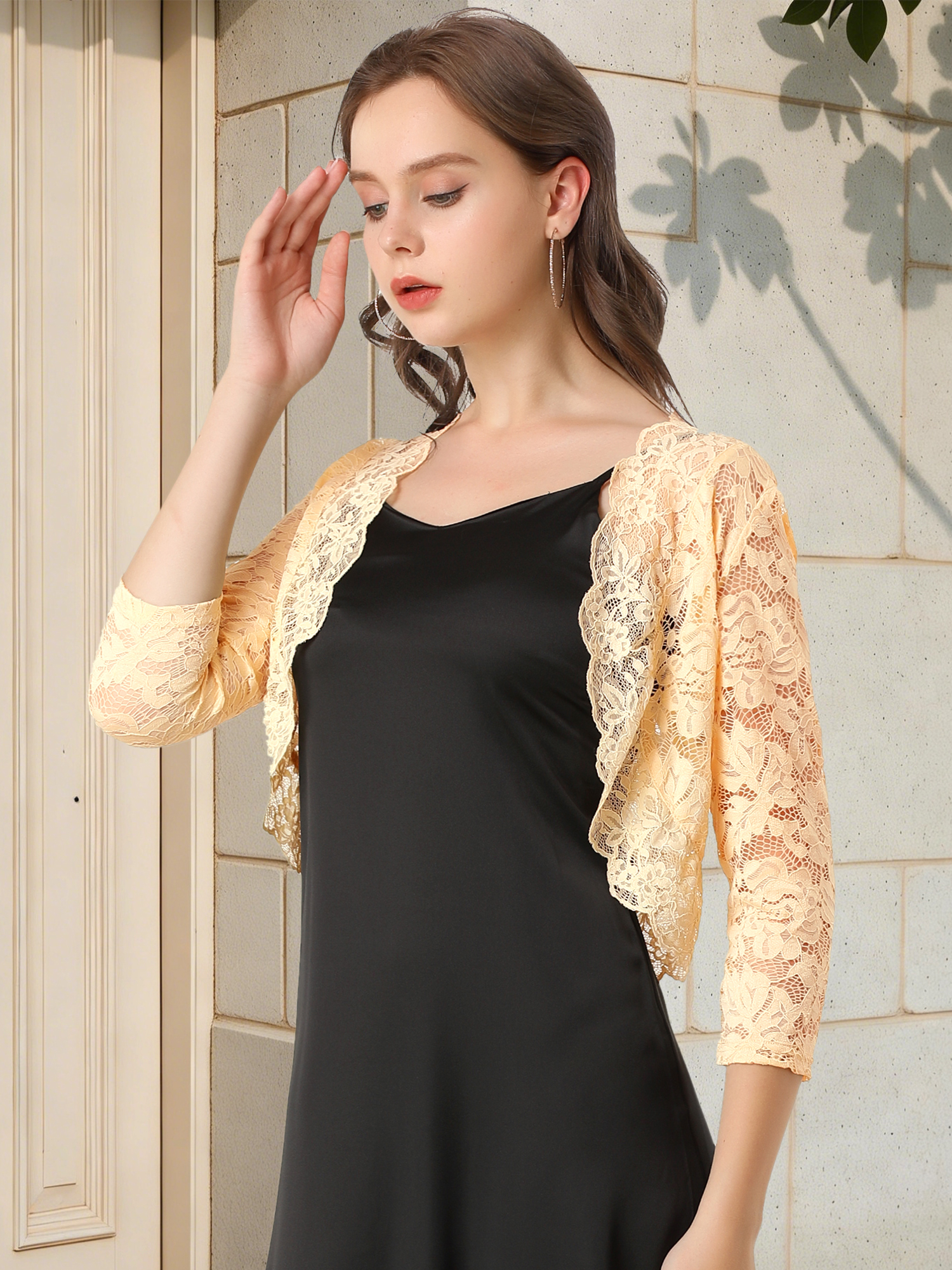 Lace 3/4 Sleeves Sheer Floral Cropped Bolero Shrug Beige/M - Allegra K catalog