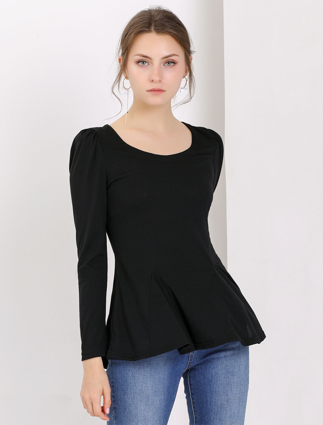 Long Sleeve Scoop Neck Casual Peplum Blouse Black/2XL - Allegra K catalog